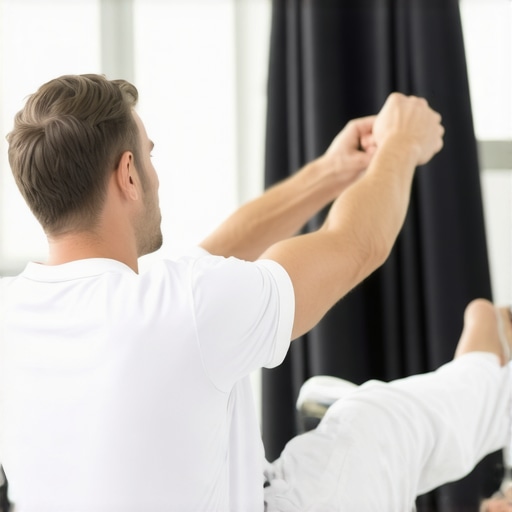 Patient performing rehab exercises guided by a physiotherapist in a clinic.
