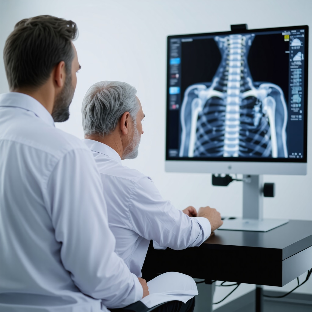 A patient discussing spine treatment options with a doctor in a state-of-the-art medical facility.