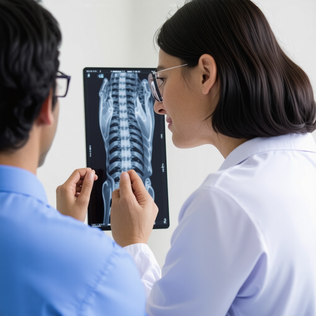 Doctor reviewing lumbar spine MRI for post-surgery assessment.