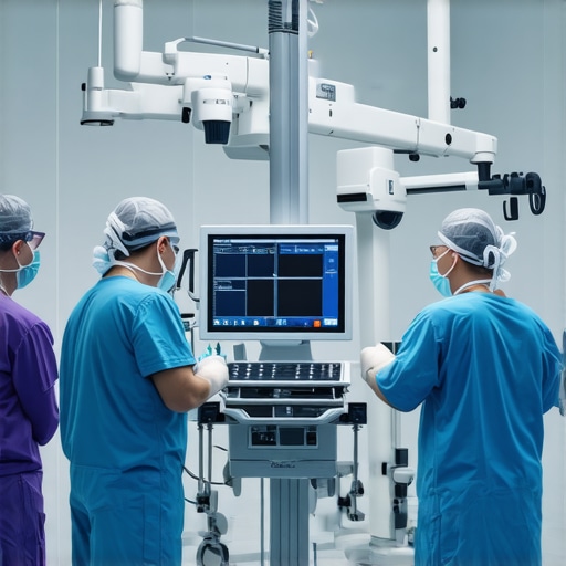 Surgeons performing robotic-assisted back surgery in a high-tech operating room