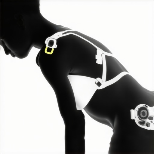 A sleek, ergonomic wearable brace embedded with sensors for real-time posture and load monitoring.
