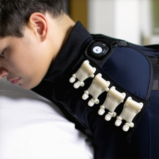 Person wearing a modern smart spinal support brace with digital sensors and lightweight materials.