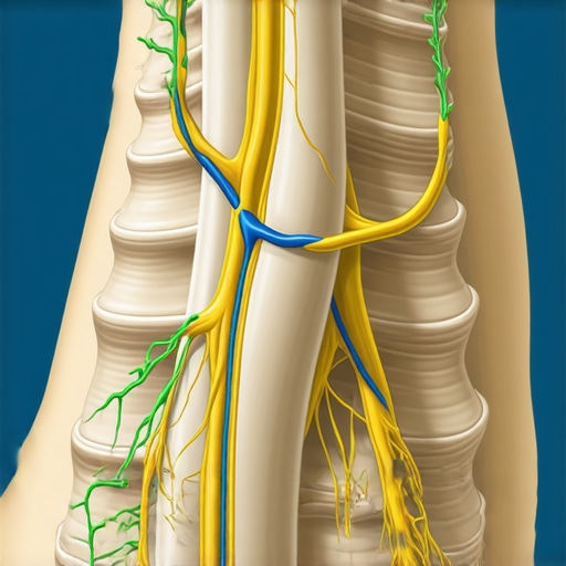 Illustration of nerve compression in the spine with diagnostic tools like EMG and MRI