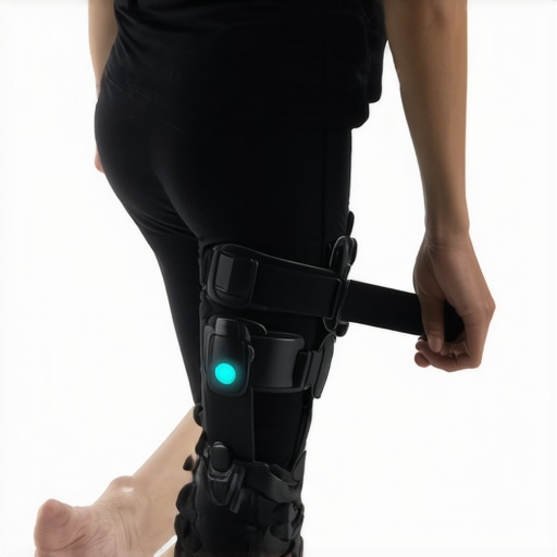 Person wearing a high-tech orthopedic support brace with sensors during exercise.