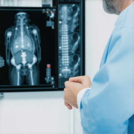 Orthopedic surgeon analyzing 3D MRI scans of the spine with a patient in a clinical setting.