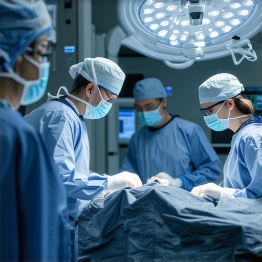 Surgeons using robotic systems and augmented reality during spine surgery in a modern operating room.