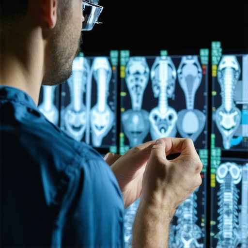 Orthopedic surgeon reviewing MRI scans for spinal surgery planning