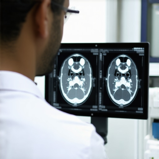 Doctor analyzing MRI scans with patient in clinic setting