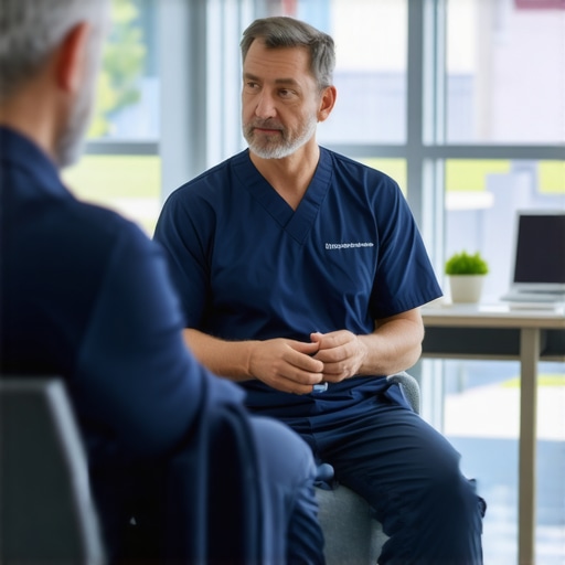 Orthopedic surgeon explaining spine treatment options to patient in clinic.