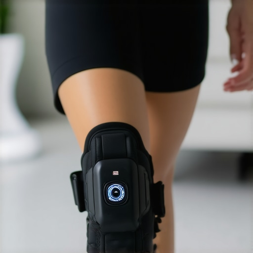 Person wearing a high-tech knee support brace with sensors, demonstrating advanced orthopedic technology.