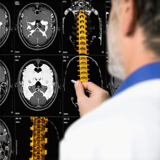 Surgeon and patient examining high-resolution MRI images of the spine, emphasizing advanced diagnostic techniques.