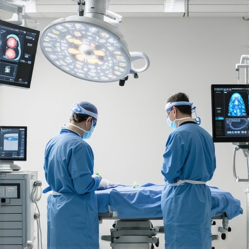Surgeon performing minimally invasive spinal procedure with advanced imaging technology.