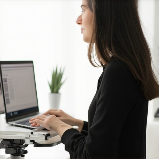 Person working at adjustable standing desk with posture support in a bright office