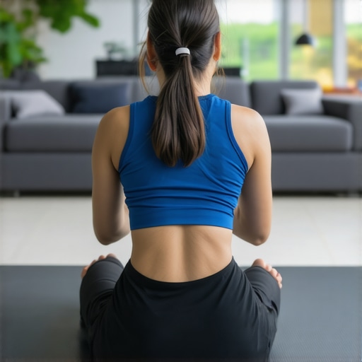 Home Exercise for Spinal Health Person performing core exercises with ergonomic tools and wearable technology to maintain spinal health