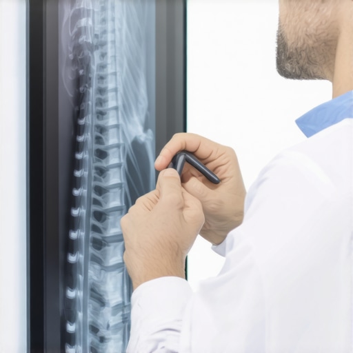 Doctor analyzing spine X-ray for signs of serious spinal problems.