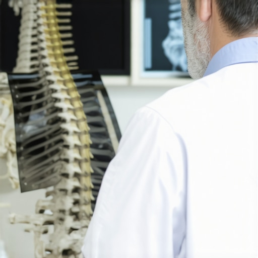 Orthopedic doctor discussing spinal health with a patient using models and X-ray images