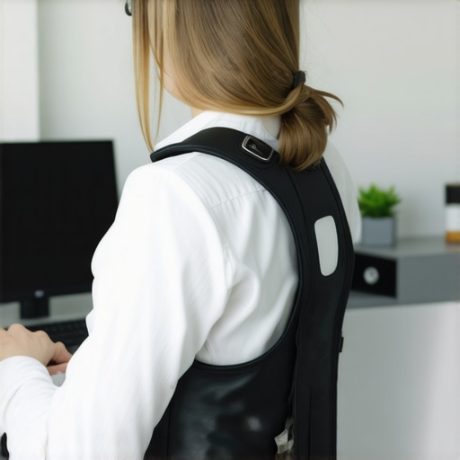 Person using a smart posture brace while working at a desk, promoting spinal health.