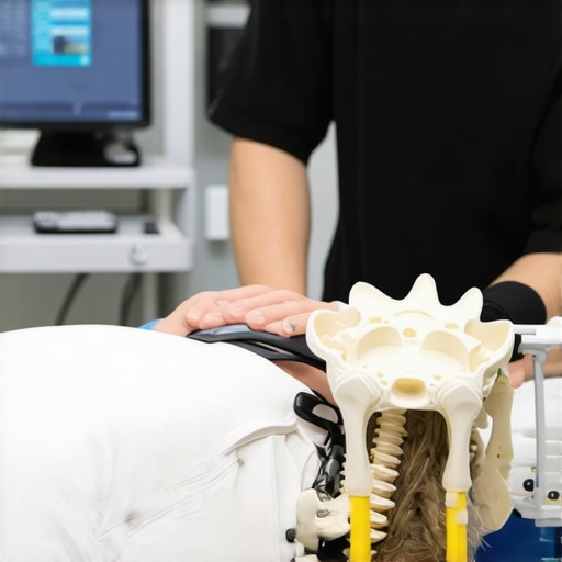 Patient lying on decompression table during a therapy session with a technician adjusting the machine.