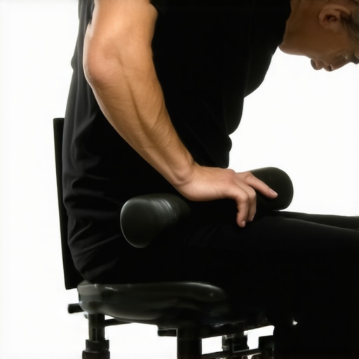 Person demonstrating ergonomic chair and foam roller for spinal support