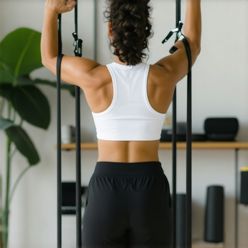 Individual using resistance bands for spinal core strengthening exercises at home.
