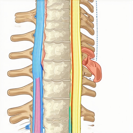 Medical illustration of lumbar spine with herniated disc pressing on nerve roots.