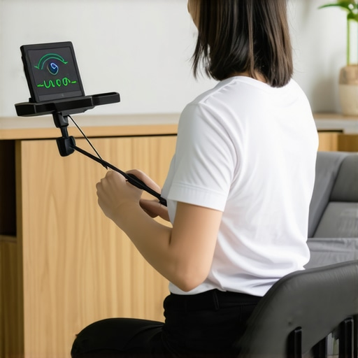 Person sitting on ergonomic chair, exercising with resistance bands, and using a posture corrector with a biofeedback device at home.