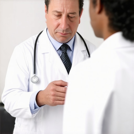 Orthopedic doctor discussing diagnosis with patient using spinal MRI images