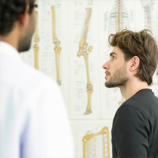 Patient receiving orthopedic consultation with spine chart in background