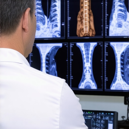 Orthopedic doctor analyzing spine MRI images with patient