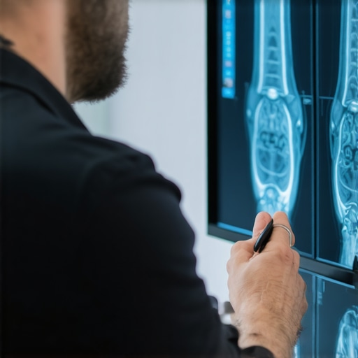 Doctor analyzing MRI scan of lumbar spine in clinic