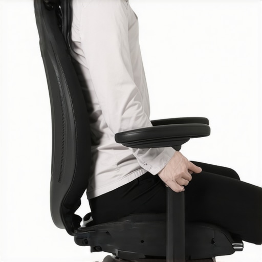 Person sitting in ergonomic chair with lumbar support promoting good posture.