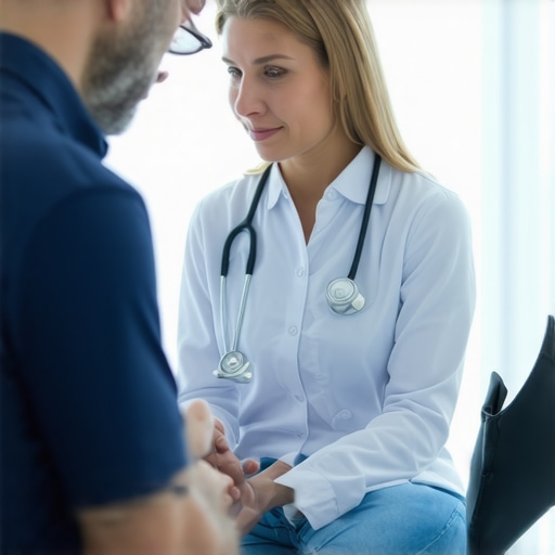 Patient speaking with orthopedic specialist about treatment options in a clinic setting.