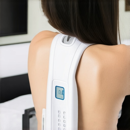Individual applying a portable TENS unit to their lower back during home recovery