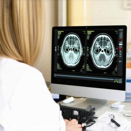 Orthopedic doctor analyzing MRI scans on a computer with medical notes and tools.