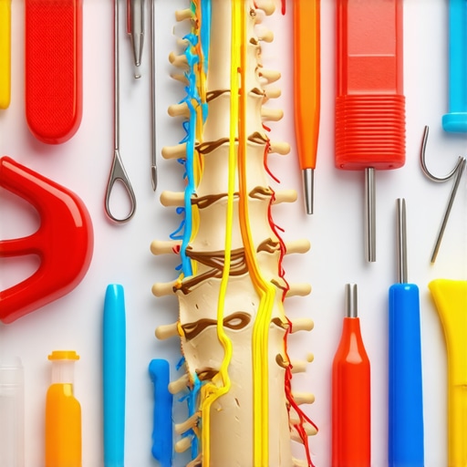 Anatomical model of human neck spine with nerve pathways highlighted and orthopedic instruments