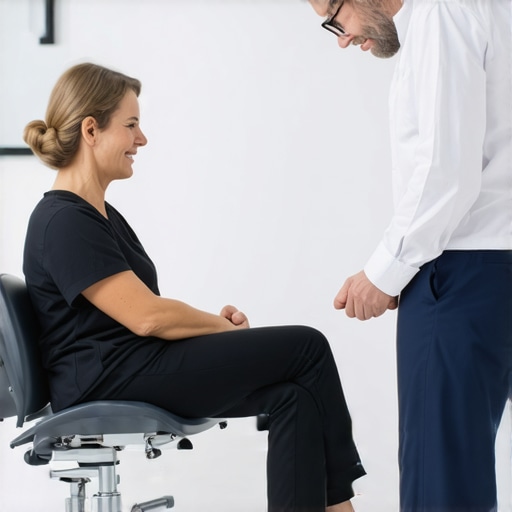 A healthcare professional discussing ankle injury treatment options with a patient in a medical clinic.