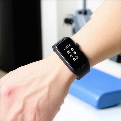 A person wearing a fitness tracker monitoring their activity levels during physiotherapy exercises.