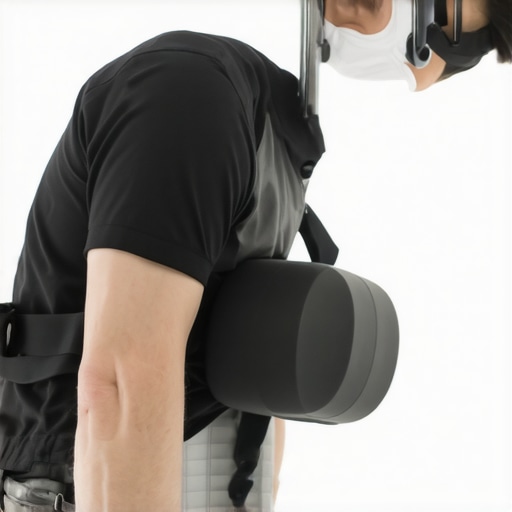 Orthopedic doctor showing support devices and foam rollers to a patient in a clinic setting.