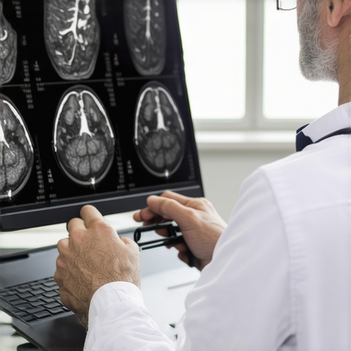 Orthopedic doctor reviewing diagnostic images with AI software in a high-tech clinic