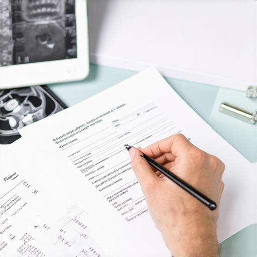 A person organizing medical reports and MRI scans to support workers' comp claim.