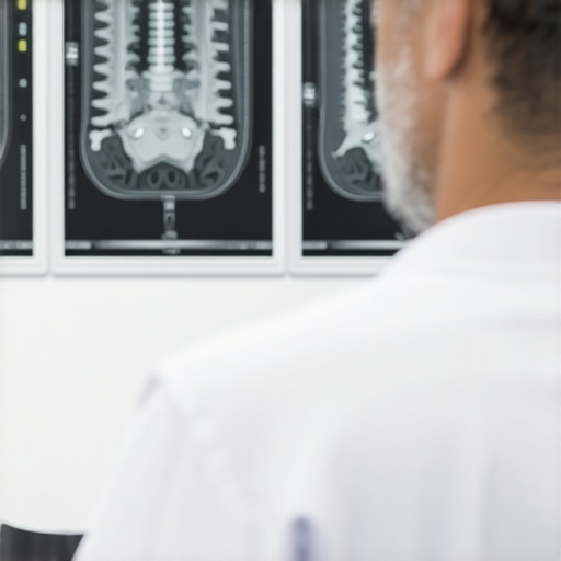 Orthopedic doctor reviewing spinal X-ray with patient