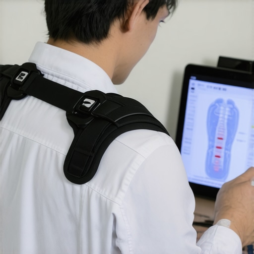 Individual wearing a spinal support brace while consulting through a telehealth app on a tablet.