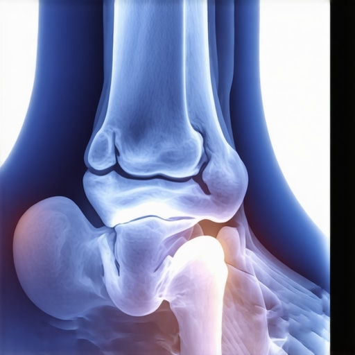 X-ray image highlighting a fractured ankle bone with swelling around it.