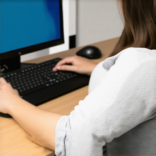 Person sitting with lumbar support pillow to maintain proper spinal alignment during work.